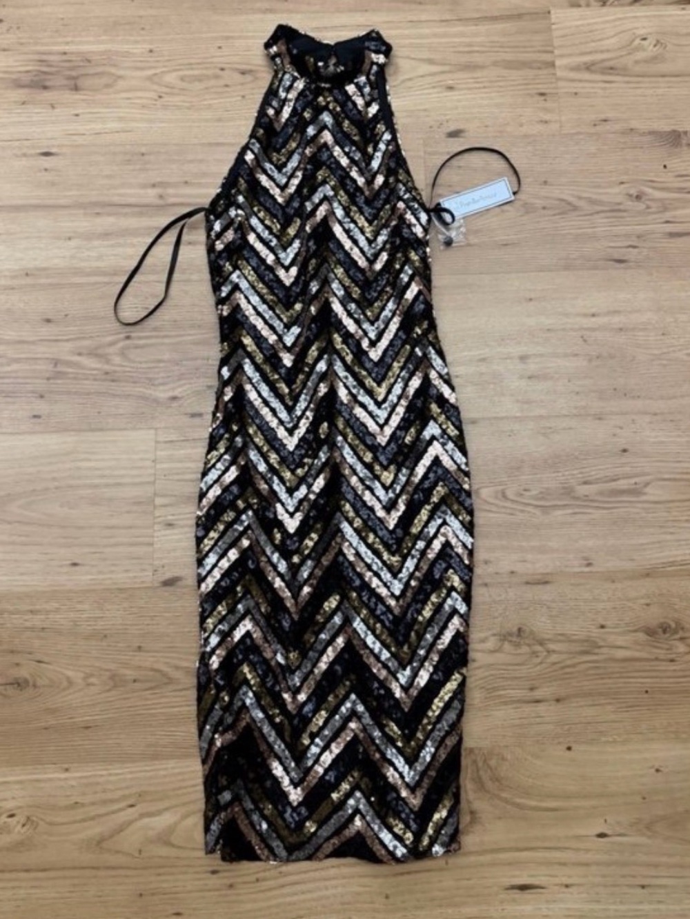 Premier Amour Black Multi Sequin Chevron Halter Dress